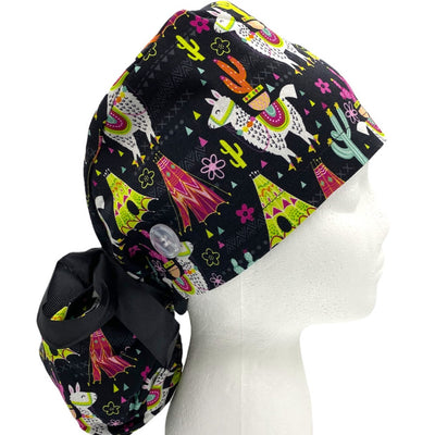glamping llamas surgical scrub cap for women with long hair. Ponytail scrub hat with buttons and satin lining by sunshine shops co