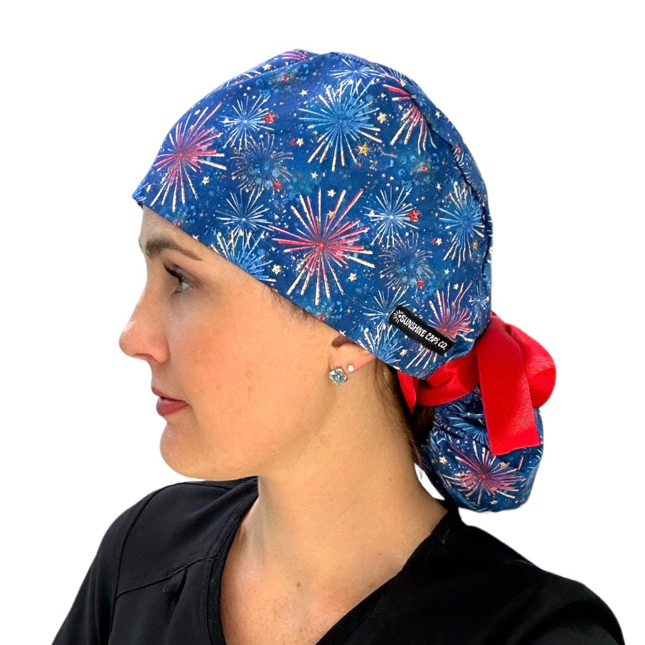Firework Ponytail Scrub Cap for Women, By Sunshine Caps Co.